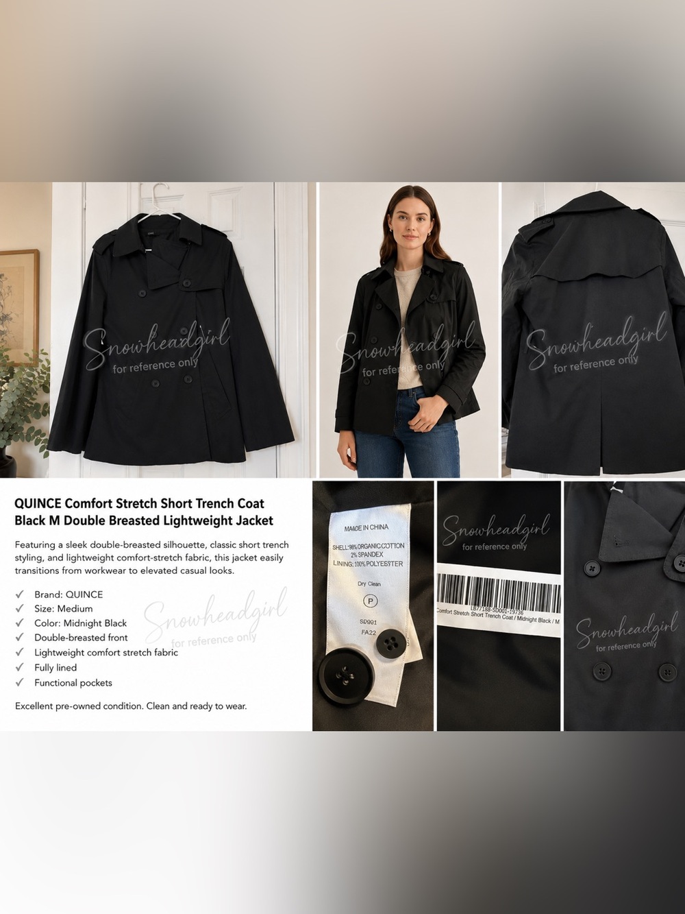 Quince Comfort Stretch Short Trench Coat Black M Double Breasted Light Weight